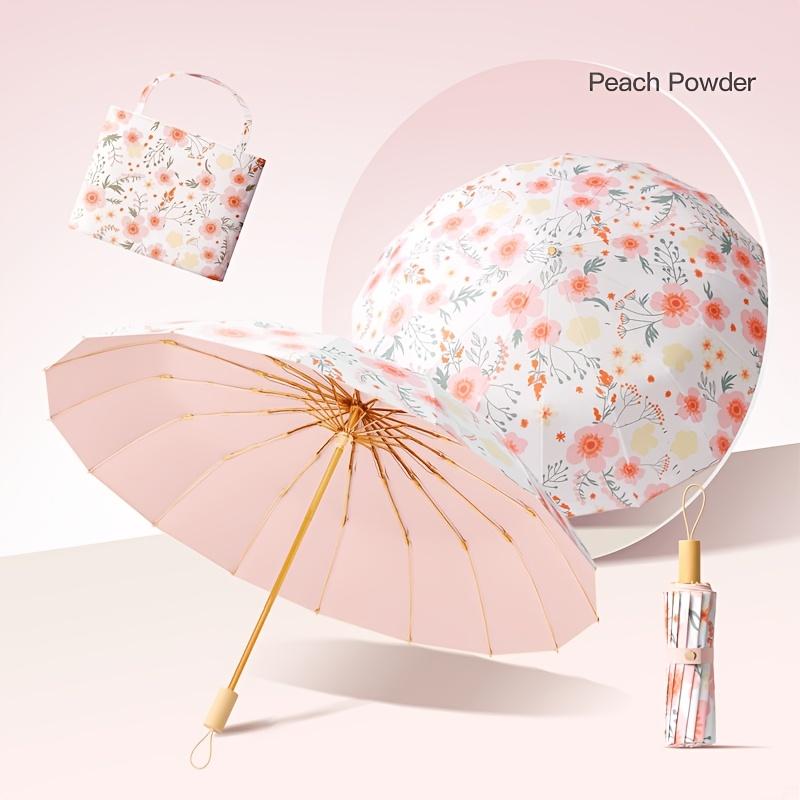 16 Ribs Compact Folding Umbrella Waterproof Sun Protection UV Block Floral Manual Umbrella 1pc(Manual Umbrella)