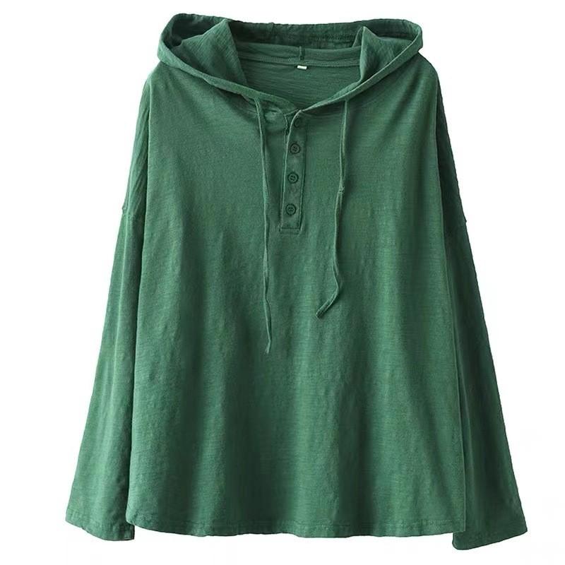Women Vintage Hooded T-Shirts Solid Color Long Sleeve Cotton Blend Tees Spring Button Casual Loose T-Shirts