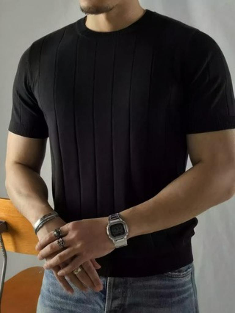 Black Ribbed Short Sleeve Knit Sweater Slim Fit Soft Breathable Summer Casual Daily Top