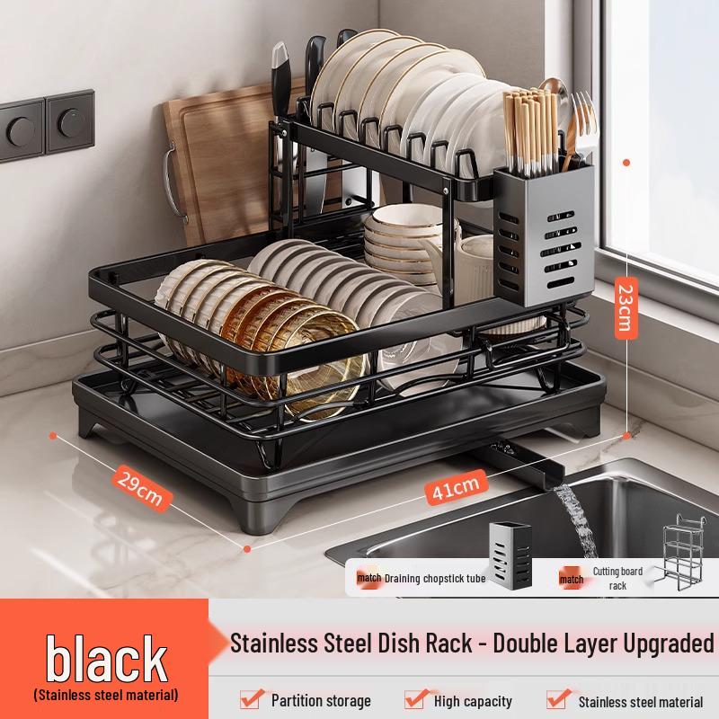 Stainless Steel Double Layer Dish Rack: Drains Bowls, Plates, and Chopsticks