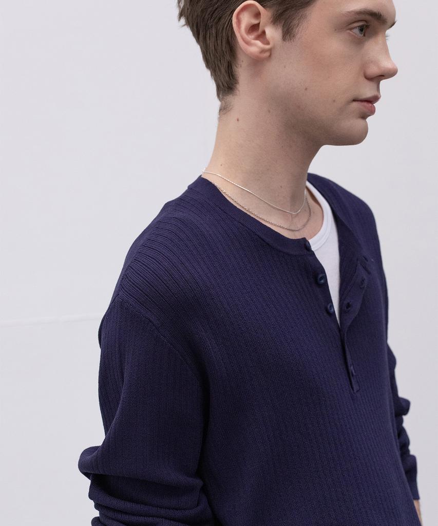 Dekkoloso Light Henley Neck Knit T-Shirt [Navy]