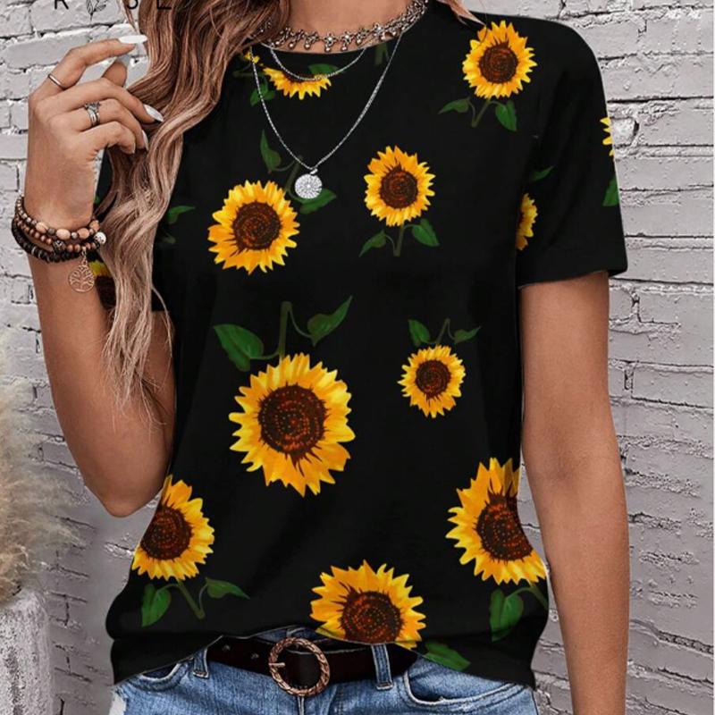 

Женская летняя футболка с принтом подсолнуха в стиле ретро, футболки с коротким рукавом, повседневные топы с принтом 8XL чёрный