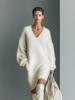 Women's Casual White V-Neck Knit Sweater Dress - Long Sleeve, Over-the-Knee for Autumn & Winter