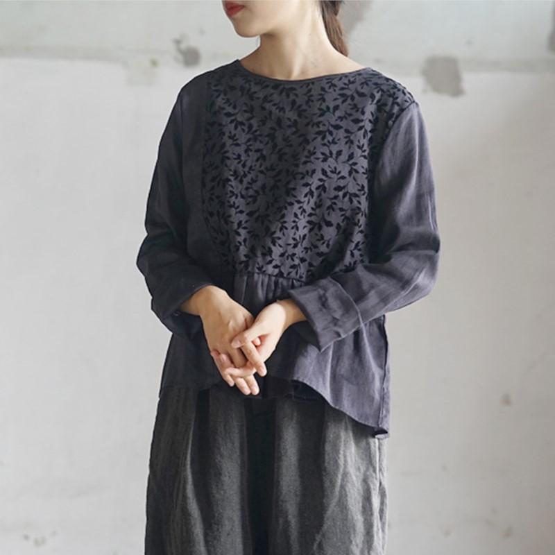 

Johnature женские винтажные лоскутные флокированные футболки с круглым вырезом и длинными рукавами, весенние свободные футболки нестандартной формы L темно-синий