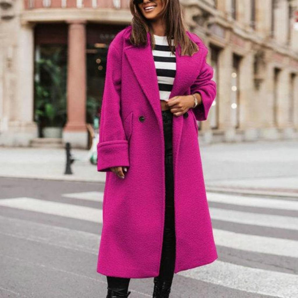Damen Herbst-Wintermantel, Revers, lockerer langer Stil, einfarbig, dicke Strickjacke, warm, winddicht, Taschen, Doppelknöpfe, langärmelig, Damenmantel, Oberbekleidung