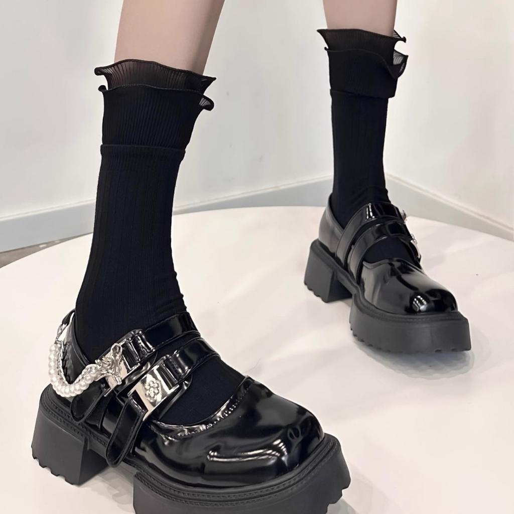 Double-layer Ruffled Three-dimensional Cut Mid-tube Slouch Socks, Thin Summer Black and White Solid Color Vintage Socks for Women, Japanese Style JK