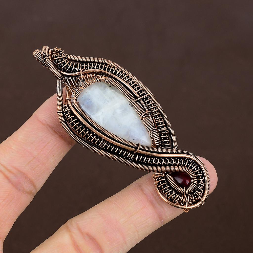 Rainbow Moonstone Handmade Copper Wire Wrap Gift Jewelry Pendant 3.3" T8M94