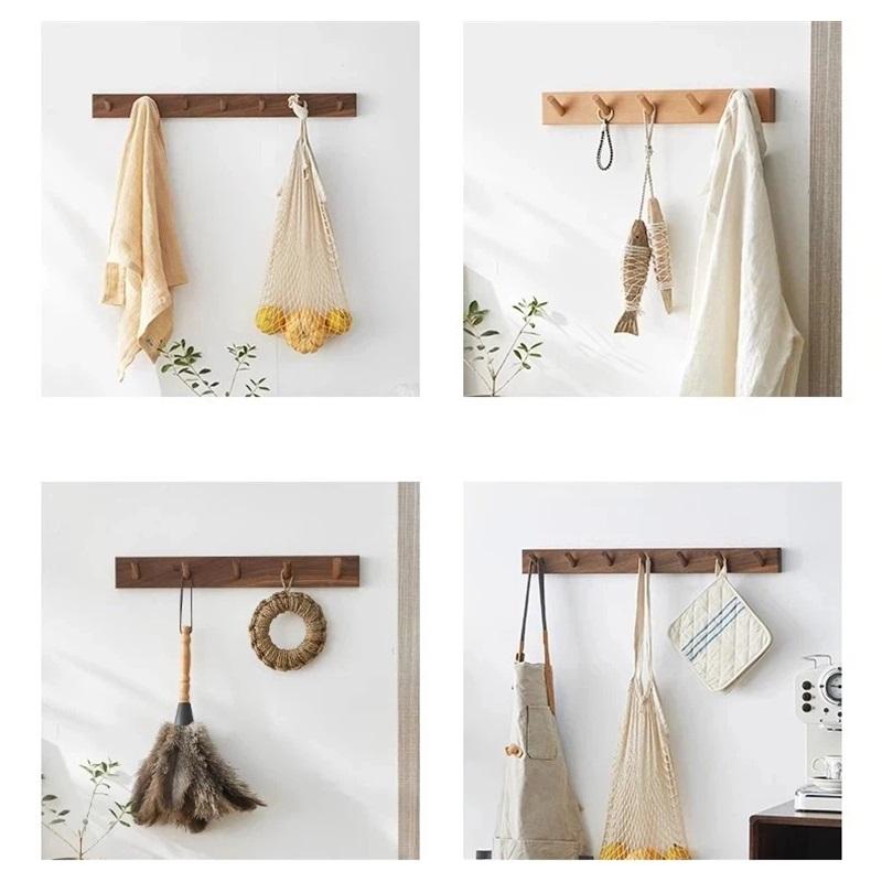 Massivholz Wandmontiertes Garderobenhakenleisten, Natürliche Buche Schwarznuss Holz Hakenleiste, Bohrfreie Klebehaken für Eingangsbereich Schlafzimmer Badezimmer