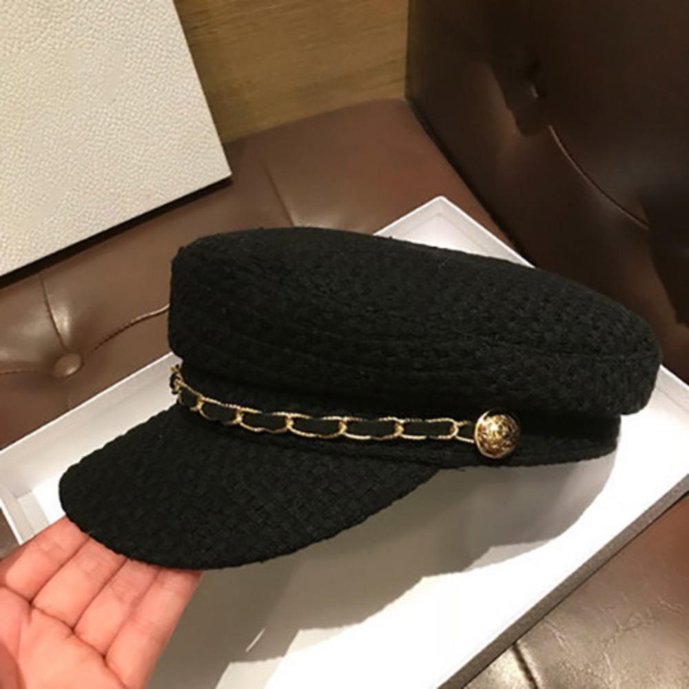Fashion Spring/Autumn Women Beret Hat Flat-Top Chain Decoration Navy Cap Adjustable Octagonal Hat Duckbill Cap