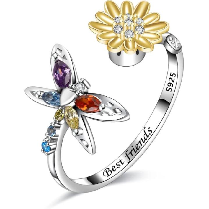 Lettering Anxiety Rings Sterling Silver Spinner Fidget Rings Butterfly Sunflower Gold Anxiety Spinning Ring - for Woman Kids Teen Girls YYE210