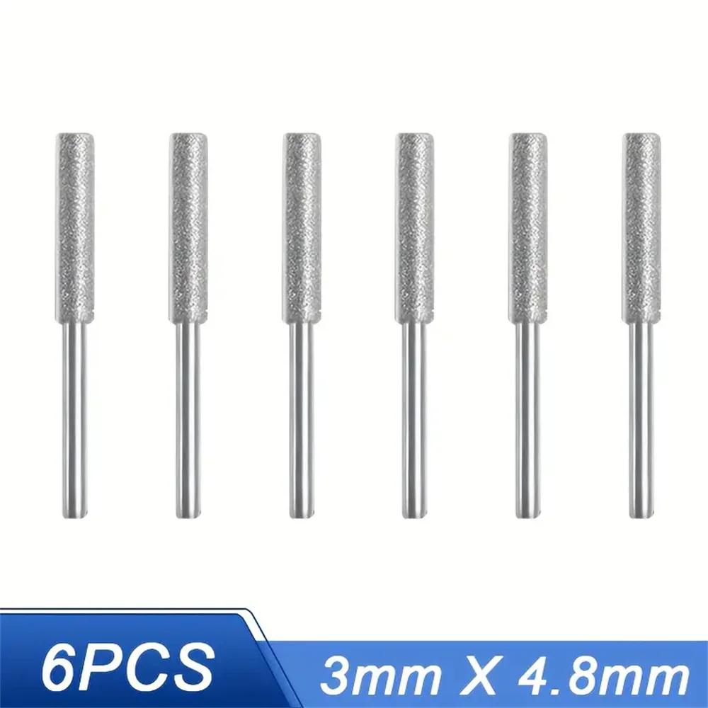 6pcs Diamond Coated Cylindrical Burr 4/4.8/5.5mm Chainsaw Sharpener Stone File Chain Sharpening Carving Grinding Tools Kits