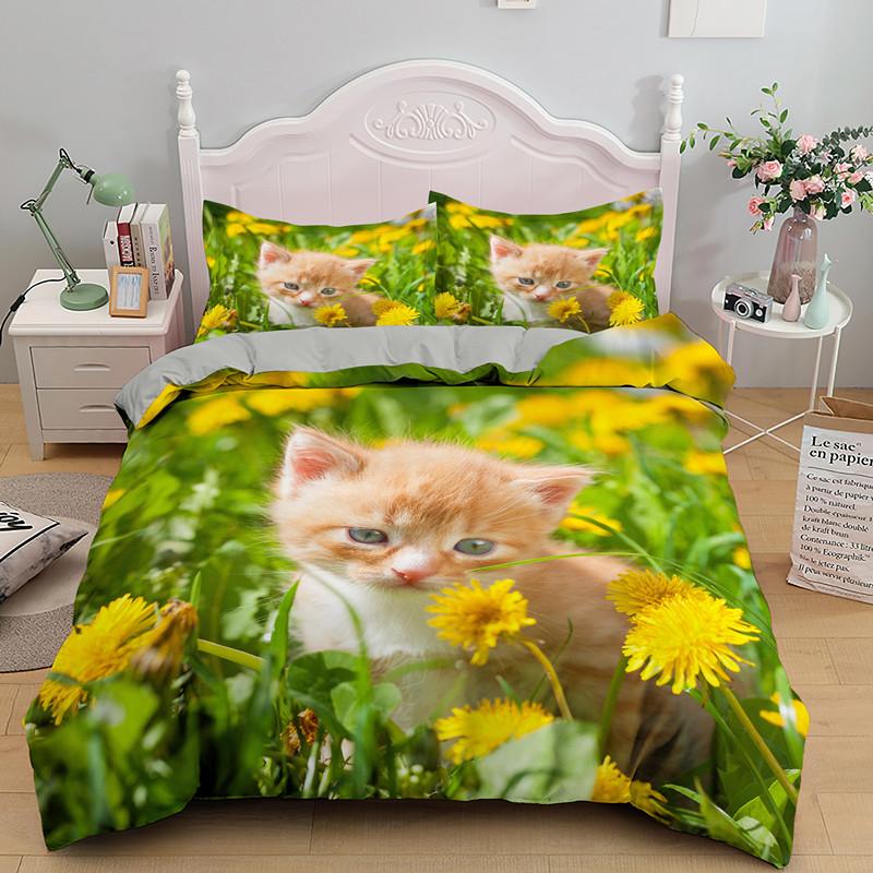 Cat Flowers King Queen Duvet Cover 3D Pet Kitty Floral Bedding Set Teens Adult Yellow Chrysanthemum 2/3pcs Quilt Cover