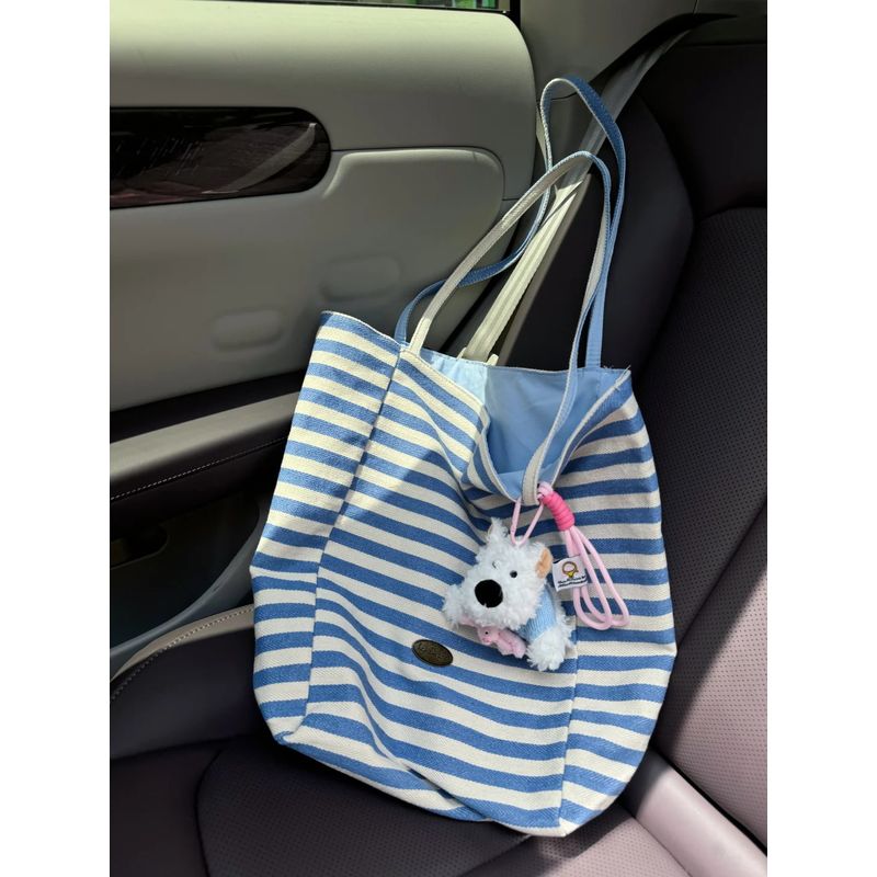 

Sea Salt Blue Summer ~ Stripes Ins Double-Sided Large Capacity Bag Tote Bag Korean Style All-Match Commute Canvas Bag Blue(No pendant)