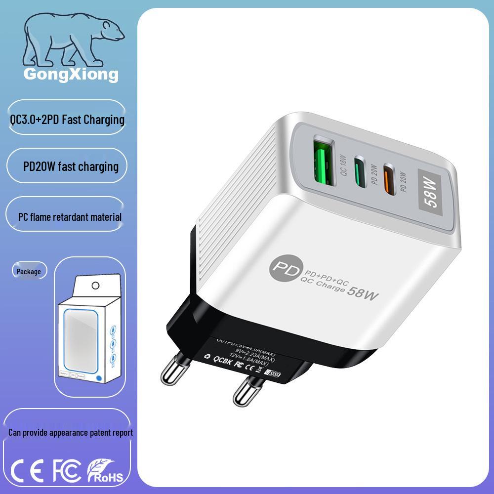 58W Dual Fast Charger with 2PD + QC3.0, EU/US/UK/AU Plugs