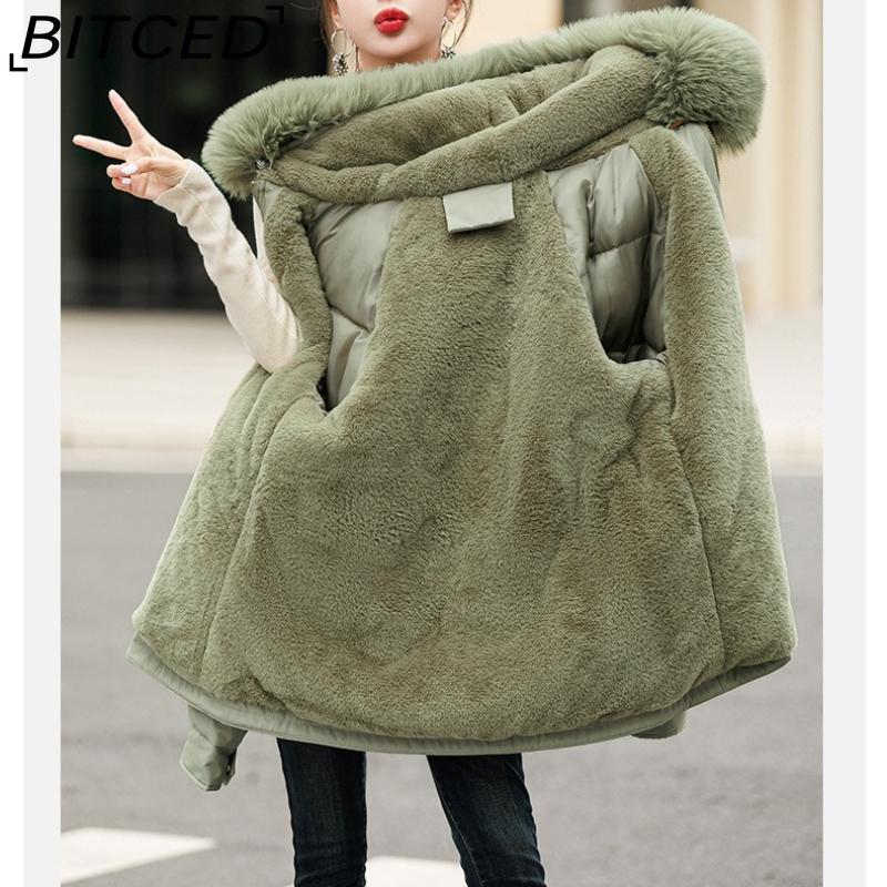 BITCED Fleece-Lined Thickened Down-Filled Cotton Coat for Women - Short Style Autumn/Winter Waist-Defining Design with Large Fur Collar
