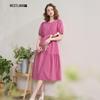 Women's French Style Pleated Puff Sleeve A-Line Midi Dress