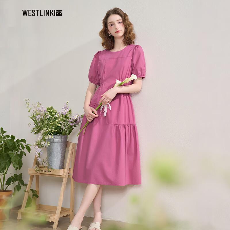 

Women s French Style Pleated Puff Sleeve A-Line Midi Dress M