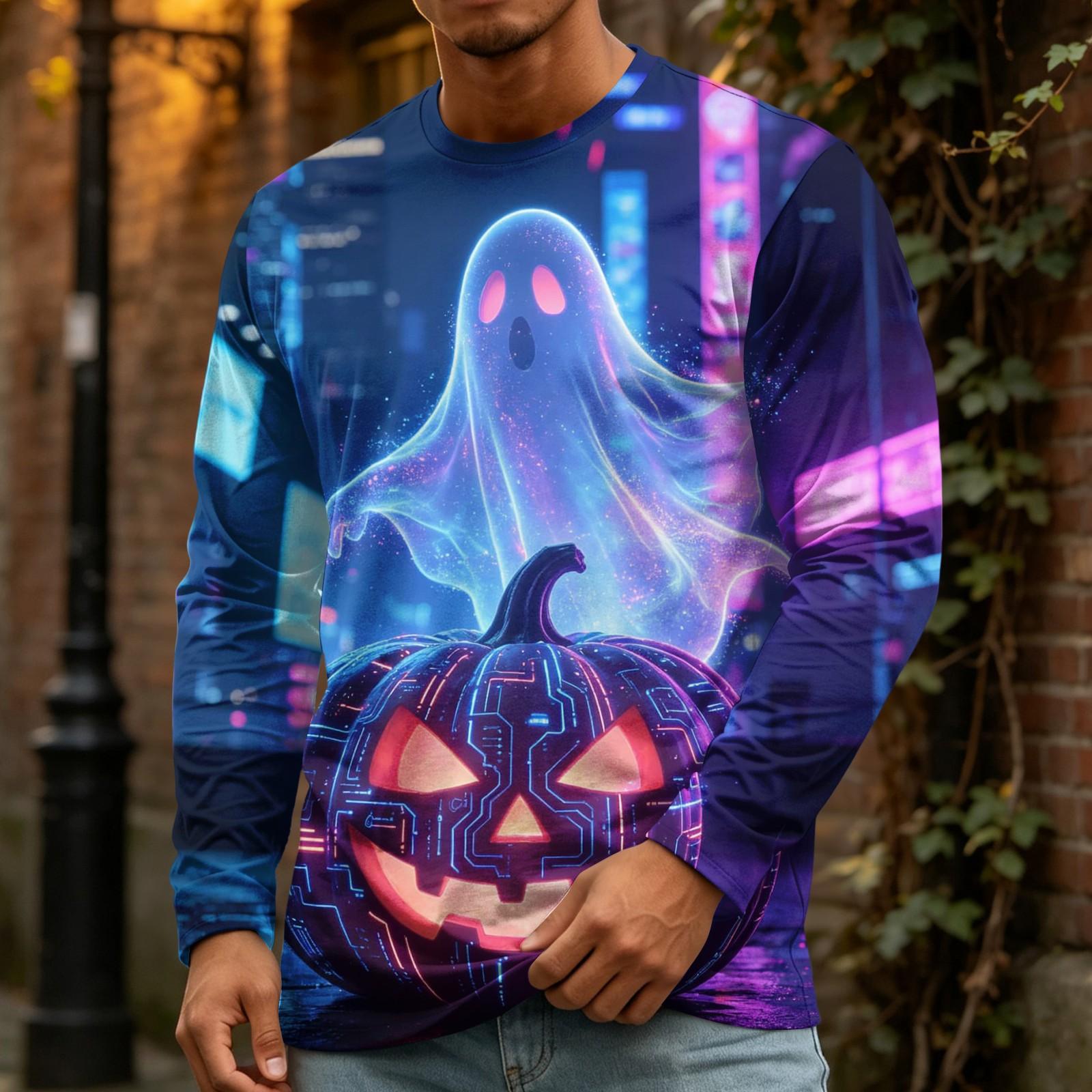 Men s Halloween Print Long Sleeve Neck T-Shirt Loose Fit Casual Top XXXL