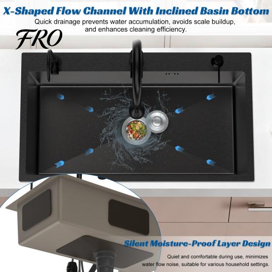 Kitchen Sink Black Sink, Embedded/Top Mounted Stainless Steel Workbench with Cutting Board & Drainage Basket, Single Bowl Accessories (31.5 x 17.7in)