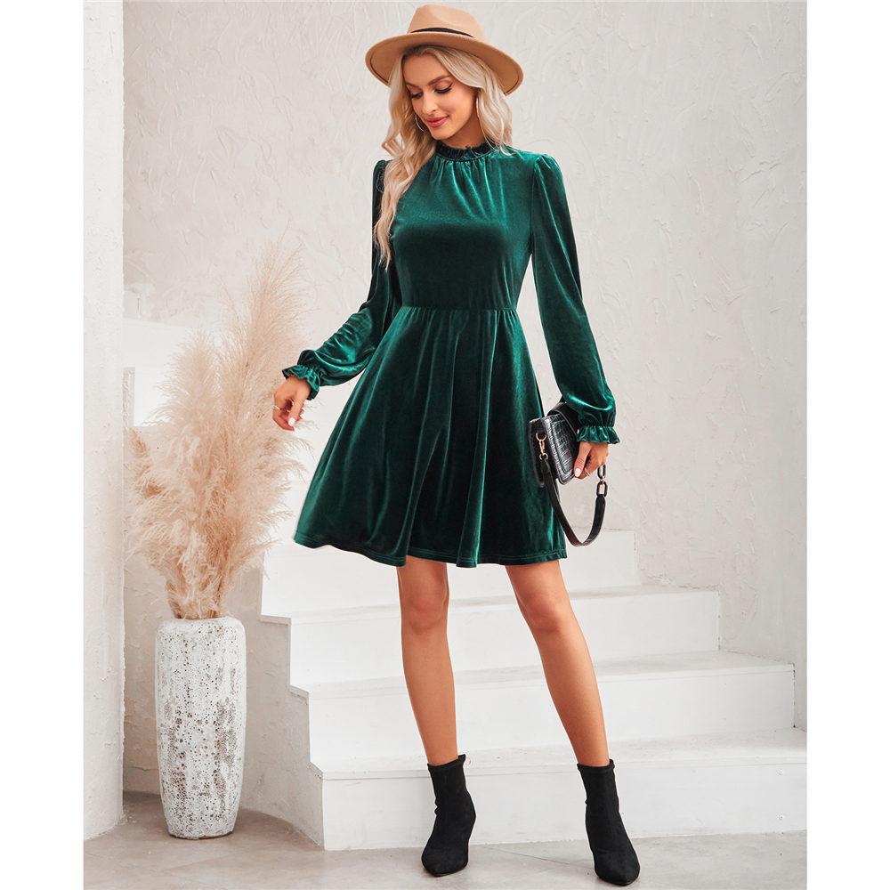 Samtkleid für Damen Winter Casual Hoher Hals Samt Einfarbig Schlanke Taille Kleid Herbst Winter Promi Partykleider