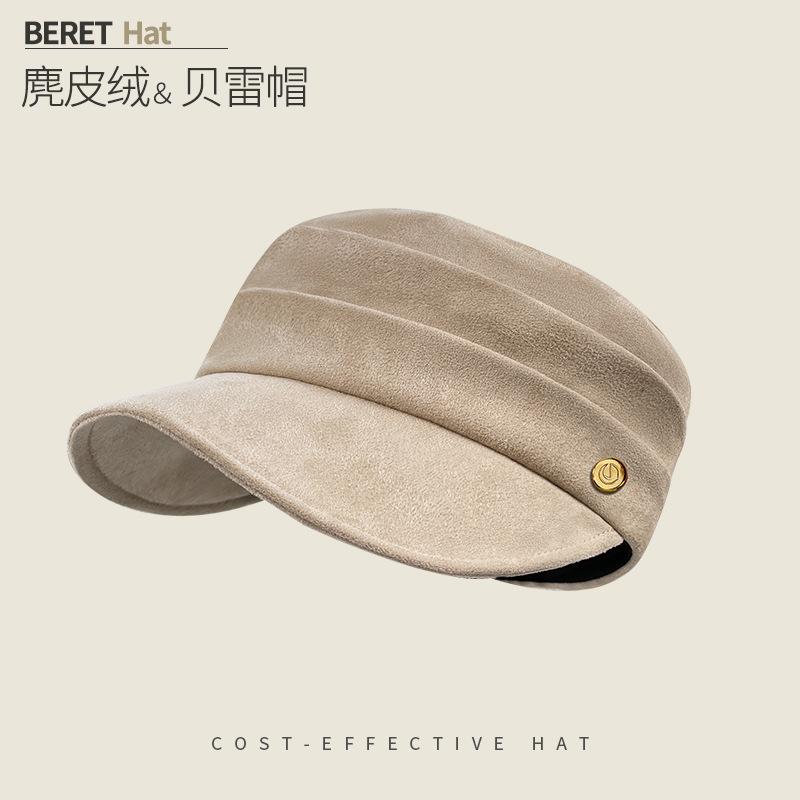 Round Label Pleated Suede Flat Top Equestrian Hat Women'S Season Warm Newsboy Hat Showing Face Ducktongue Beret