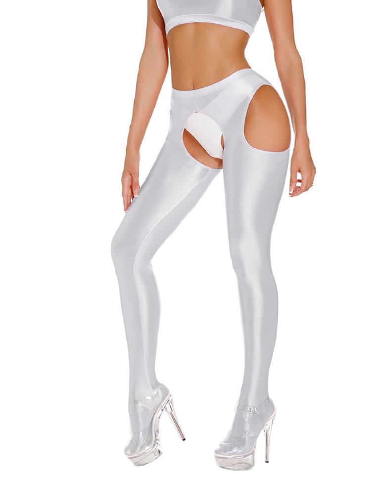 Sexy Satin Oil Shiny Pencil Pants Elastic Hollow Out Tight Sheer See Through Leggings Dance Candy Color Leotard Crotchless