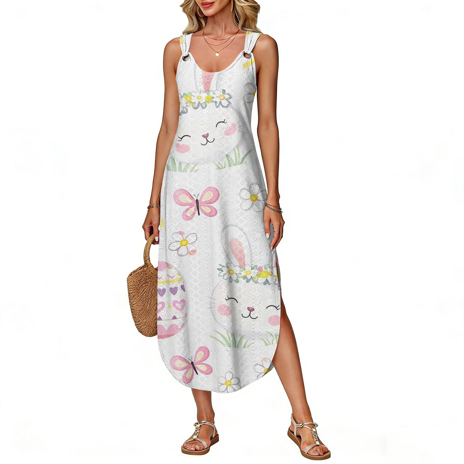 

Women s Summer Long Dress, Sleeveless With Side Slit, Long Easter Printed Vest Dress S білий