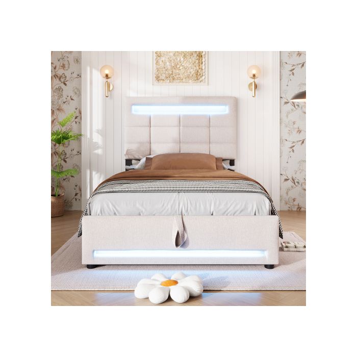 Lit Rembourré - MUVOE - 90x200 Cm - Prise USB - Lin Beige - Stockage Hydraulique Caché