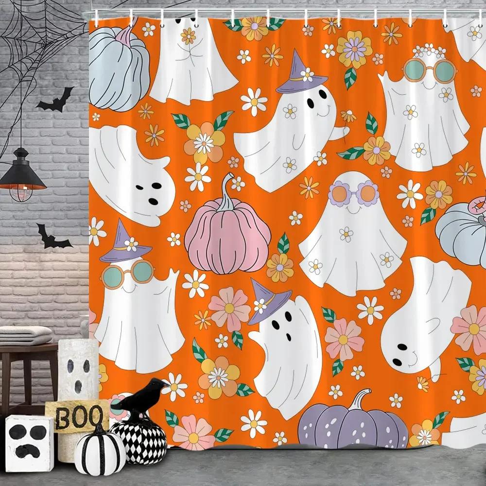 Rosa Söt Halloween Duschdraperi Spöke Pumpa Fladdermus Skalle Polyestertyg Barn Duschdraperi Flickor Badrumsinredning Remkrokar