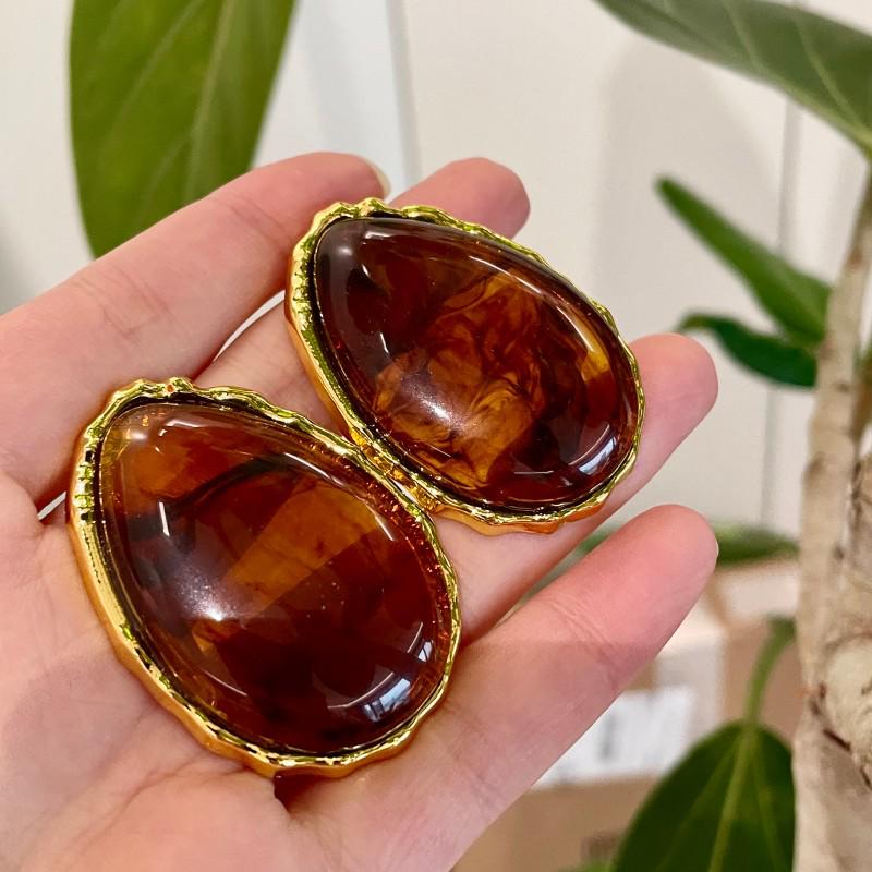 Elegant Gold-Edged Brown Resin Teardrop Earrings for Women