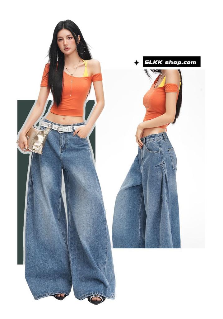 Retro pleated design wide-leg jeans spring and summer new high-waisted and thin loose floor-mopping straight-leg pants for women