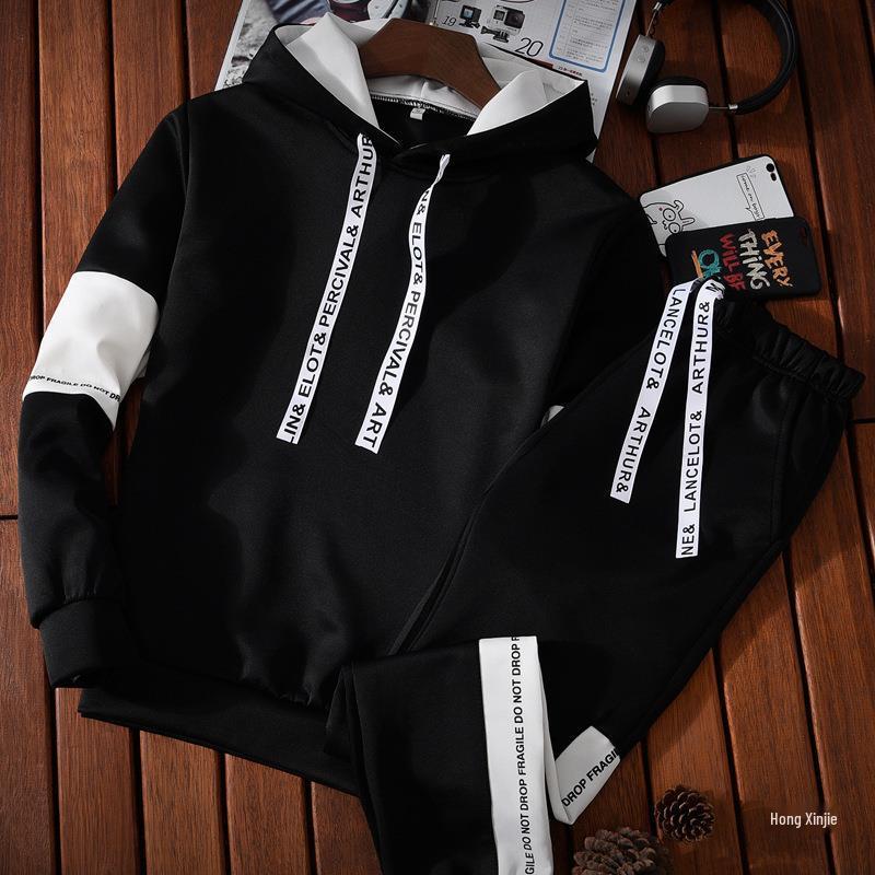 Men's Spring & Autumn Hooded Pullover and Sports Pants Set - Korean Style Student Uniform