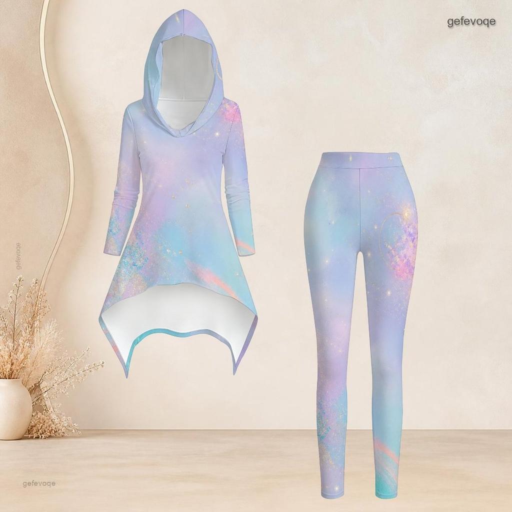 Women Plus Size Hooded Long Sleeve Two Piece Set Printed High Low Top Fitted Pants