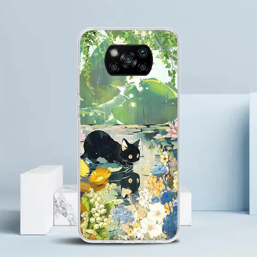 Cartoon Cute Black Cat Phone Case For Xiaomi Poco F7 Ultra X5 X6 X7 Pro M7 Redmi 15C 15 13C 13 12C 12 10C 10 10A 9 9C 9A 9T Cove