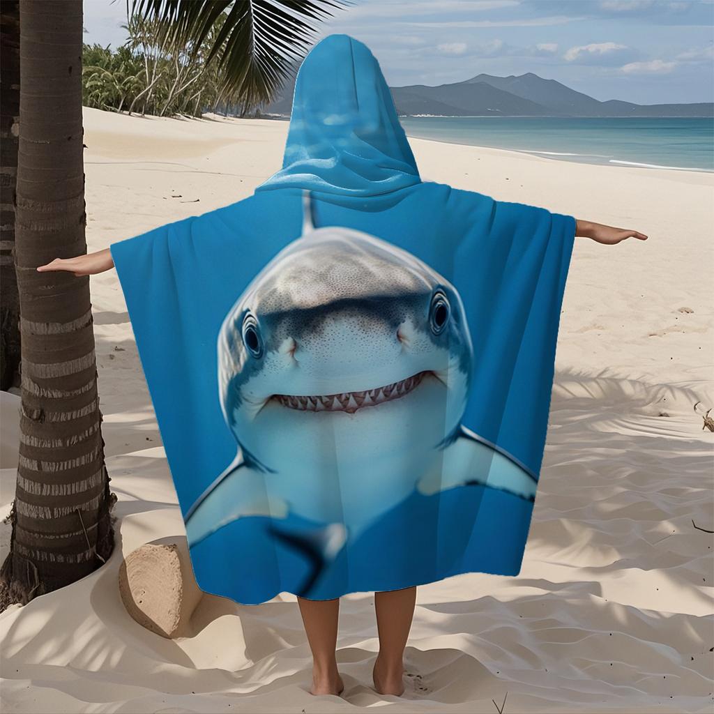 Realistisches Haifisch-Kapuzenhandtuch Einseitig 2D Weiche Mikrofaser Saugfähig Strandtuch Für Pool Strand Badezeit Kühnes Abenteuer Geschenk