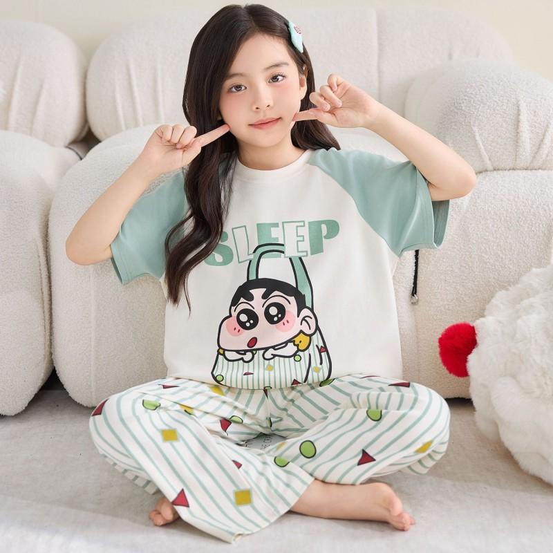 Girls Cotton Pajama Set Short Sleeve Long Pants Cartoon Print Sleepwear Kids Ages 4-12