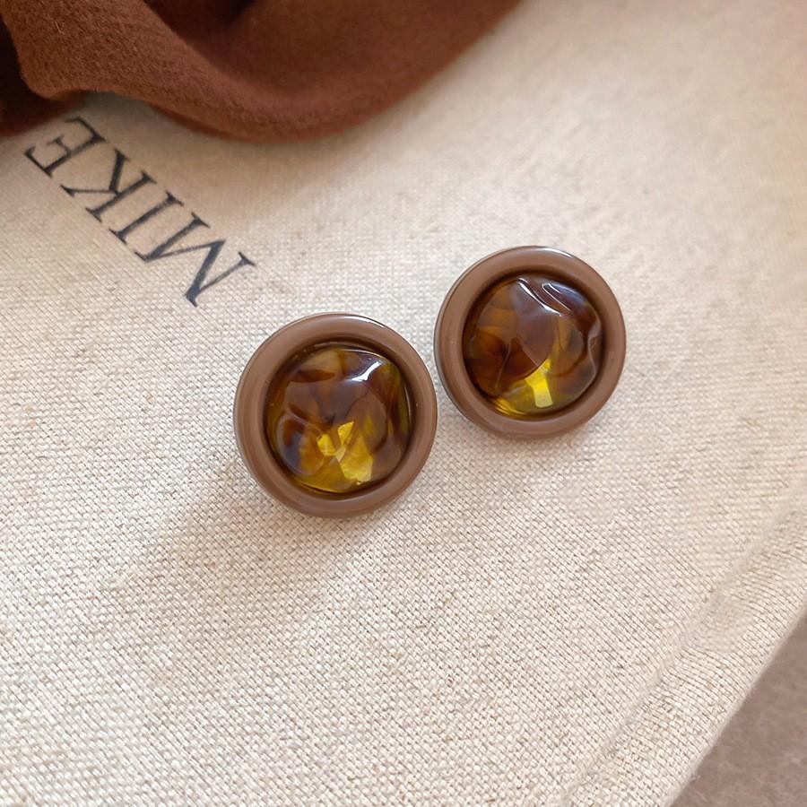 Autumn and Winter Retro Maillard Coffee Color Resin Tiger's Eye Earrings, Ear Buckles, Niche Earrings for Women