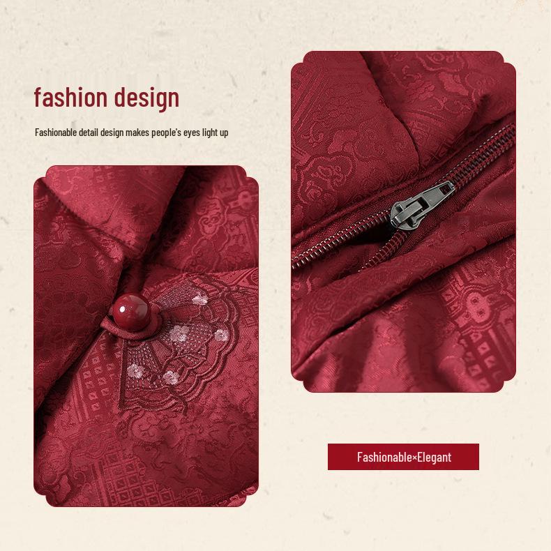 Grandma's Winter Red Velvet-Enhanced Cotton Jacket for Middle-aged and Elderly Women