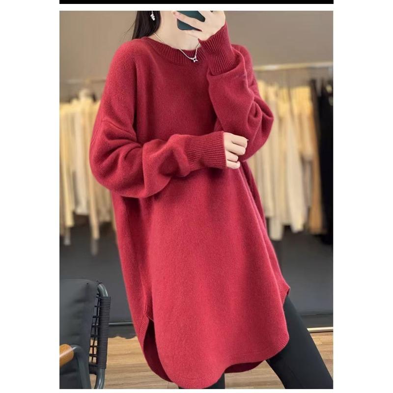 Autumn and winter new sweaters women's medium and long lazy wind round neck soft waxy skin-friendly knitted sweater loose top