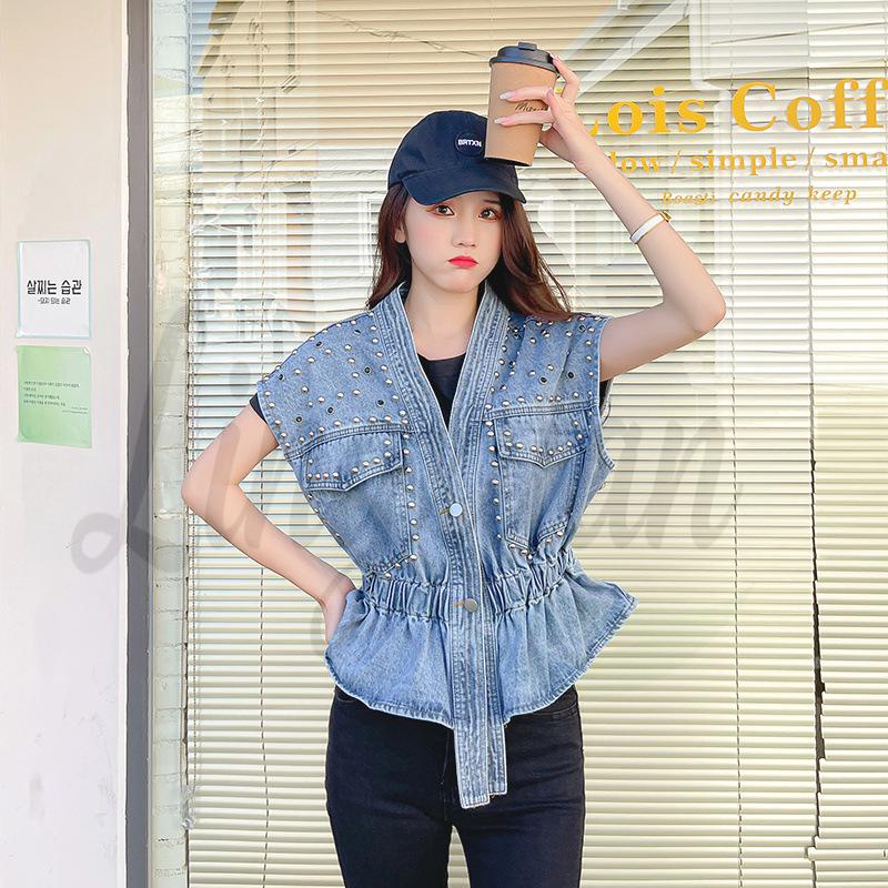 Summer Women s Irregular Beaded Waist-Cinched Sleeveless Denim Vest Top One Size