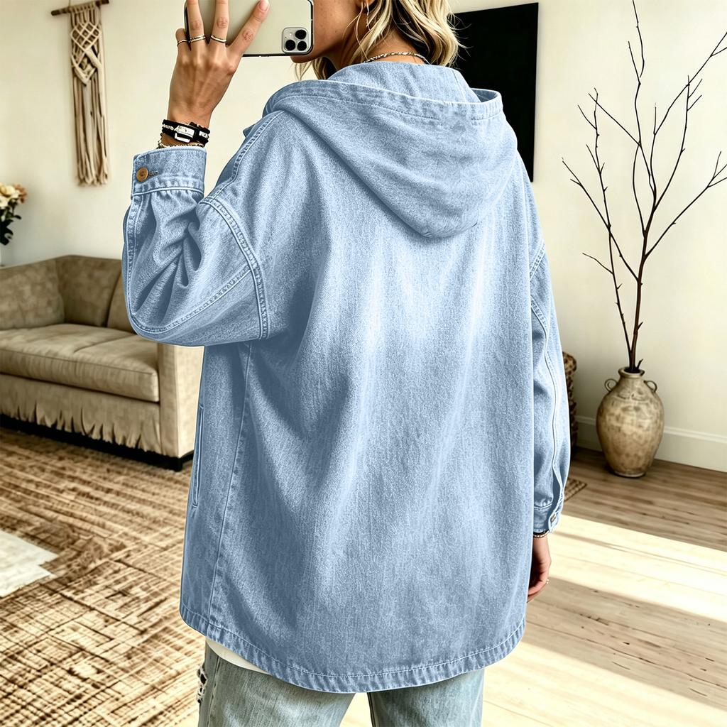 Giacca Cappotto di Jeans Casual da Donna con Cappuccio e Bottoni per Primavera Autunno Capospalla Quotidiano