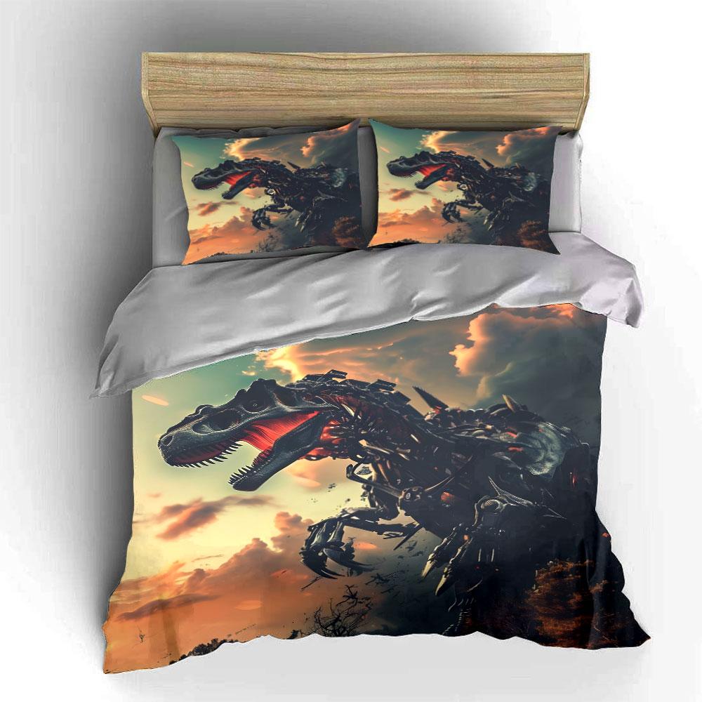 3Pcs Mechanical T-Rex Bedding Set, Cyborg Skeleton Dinosaur Print Duvet Cover, Post-Apocalyptic Tech Style
