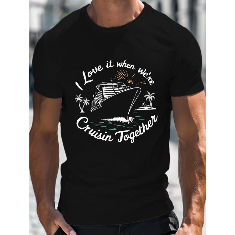 

Men S Plus Size Summer T-Shirt, Crew Neck Casual Top with Cruise Ship Graphic Print, Slight Stretch Knit Fabric, Short Sleeve Tee for Daily Wear 4XL чорний