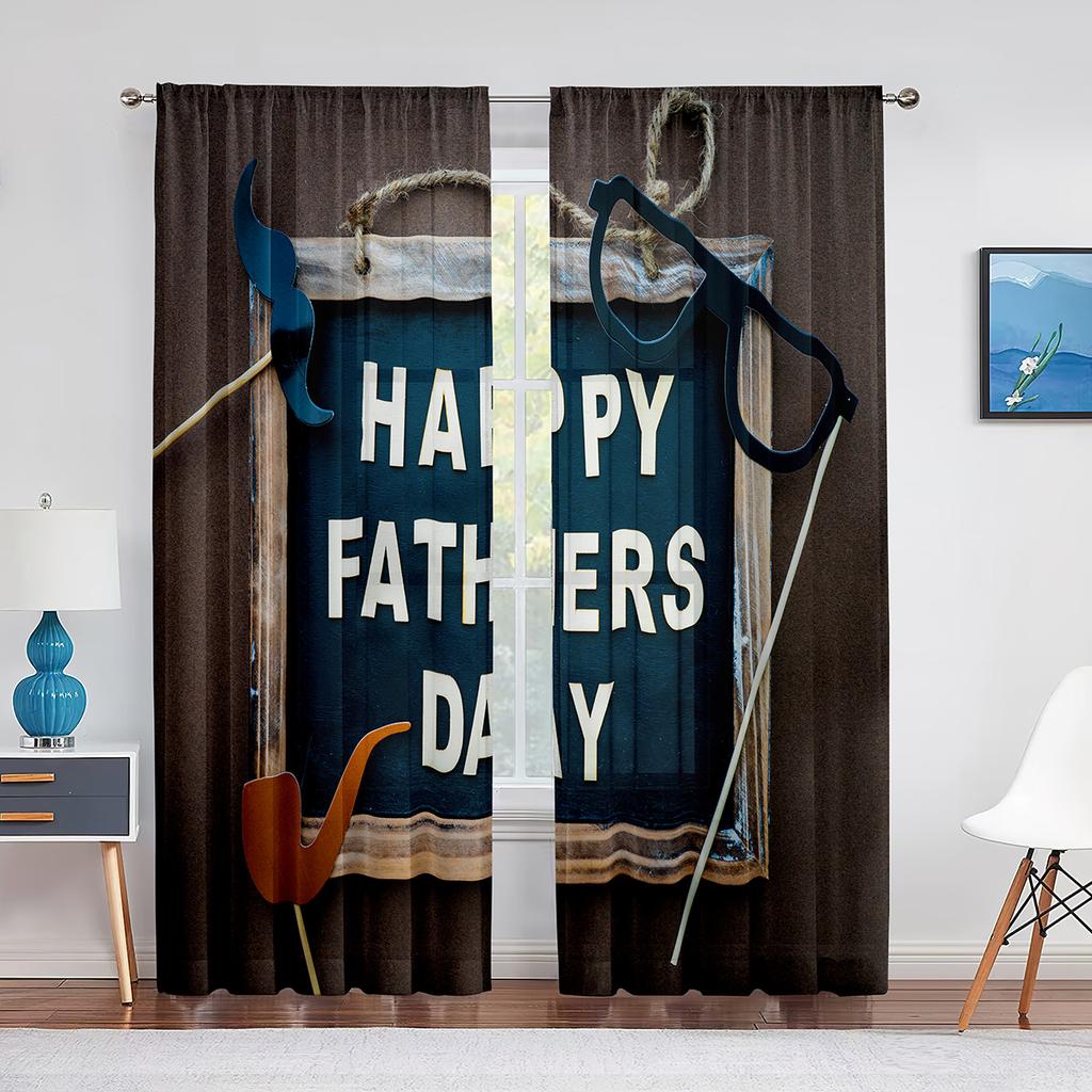 Happy Father‘s Day Sheer Voile Curtain Ocean Beach Sunset Kids Silhouettes Window Tulle Curtains for Living Room Bedroom Decor