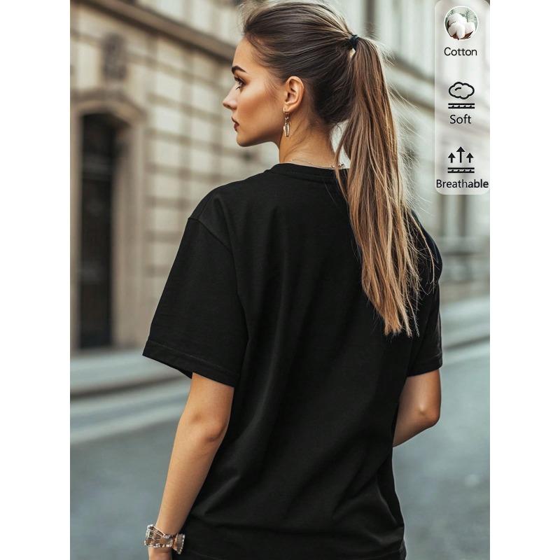 Europees Maat Dames T-shirt met Schermtaboes, Eenvoudig Slag Letterpatroon Print, Casual Ronde Hals Standaard Pasvorm T-shirt Stof