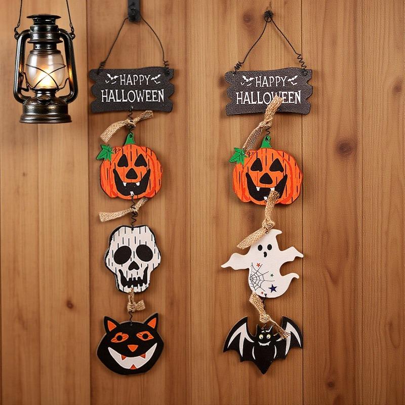 2PcsNew Halloween Decoration Wooden Sign Door Hanger Pumpkin Ghost Ornament Set Creative Hanging Decor for Seasonal Home Display