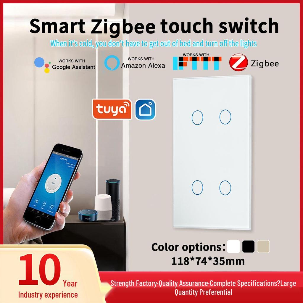 US Standard Zigbee Smart Glass Switch with Alexa Voice Control, App Support, and Customizable Single Zero Fire Switch