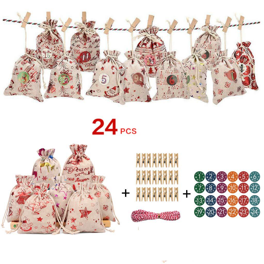 24pcs Linen Christmas Gift Bags with Gilded Christmas Patterns Chocolate Candy Packaging Gift Bags Drawstring Bags
