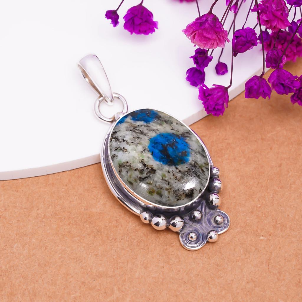 K2 Blue Azurite - Pakistan 925 Sterling Silver Pendant V7680, Gray & Blue Pendant, Oval Pendant, Valentin's Day Gift, Gift For Her, Birthday Gift, Han