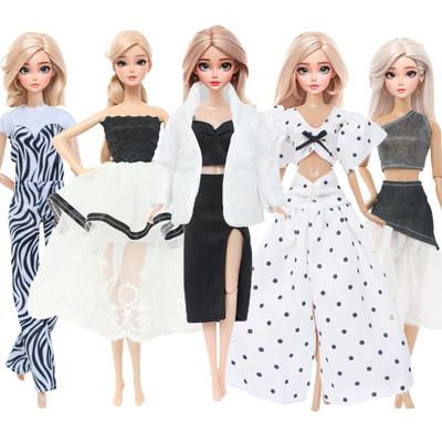 5 Pcs Black White Set Fashion Doll Clothes for 30cm Doll Party Dress Outfit Coat Jumpsuit 11.5'' Girl Doll Kids Toy Accessories Gift